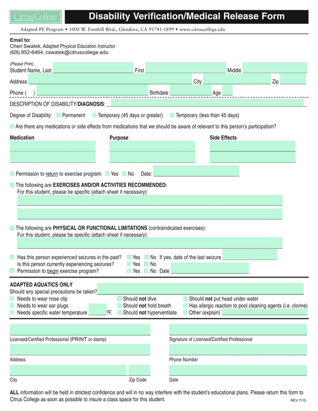 Adapted Physical Education Program Medical Form screenshot