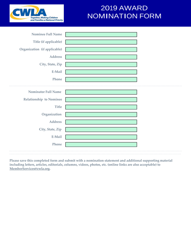 2019 Award Nomination Form screenshot