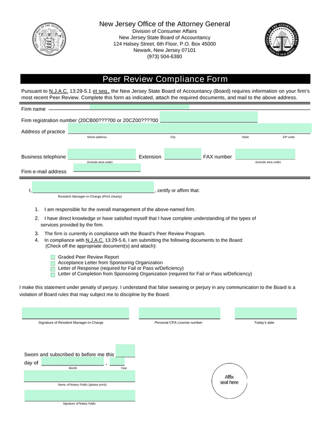 Peer Review Compliance Form screenshot