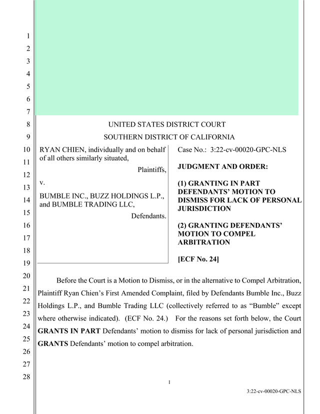 CHIEN V. BUMBLE INC.   JUDGMENT AND ORDER screenshot