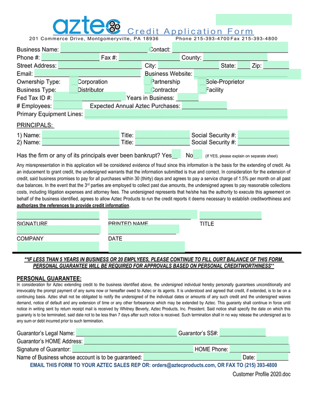 Credit Application Form screenshot