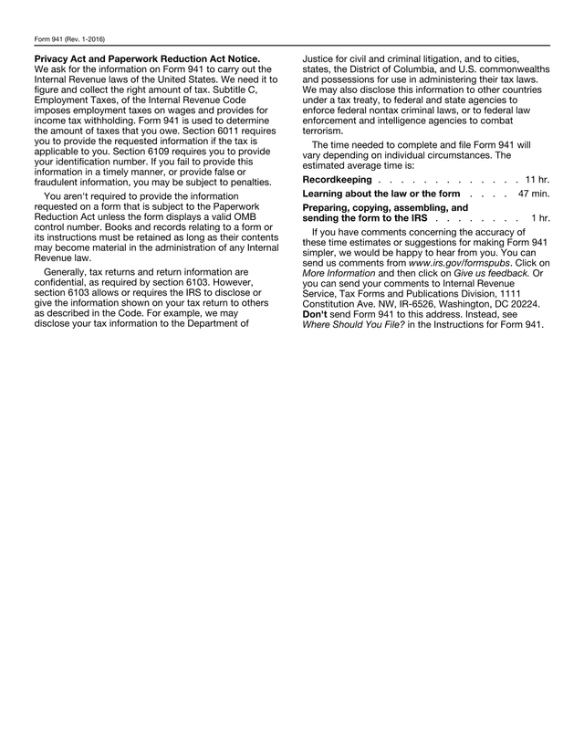 Form 941 (Rev. 1 2016) screenshot