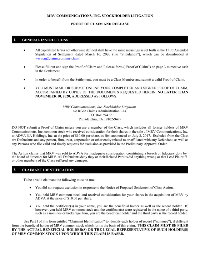 MRV Communications, Inc. Stockholder Litigation Proof Of Claim And Release screenshot
