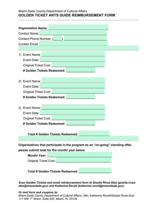 Golden Ticket Arts Guide Reimbursement Form screenshot