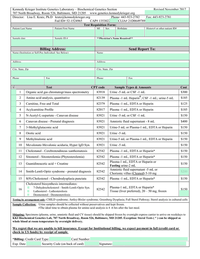 Kennedy Krieger Institute Genetics Laboratory   Test Requisition Form screenshot