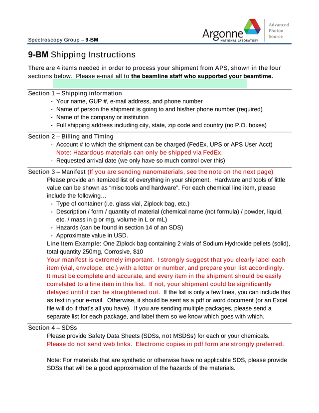 9 BM Shipping Instructions screenshot