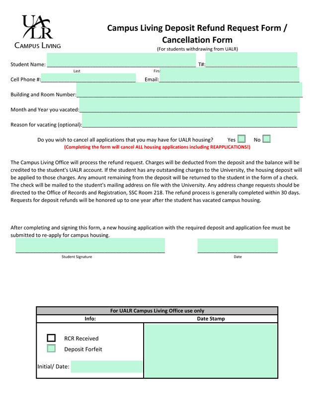 Campus Living Deposit Refund Request Form  Cancellation Form screenshot