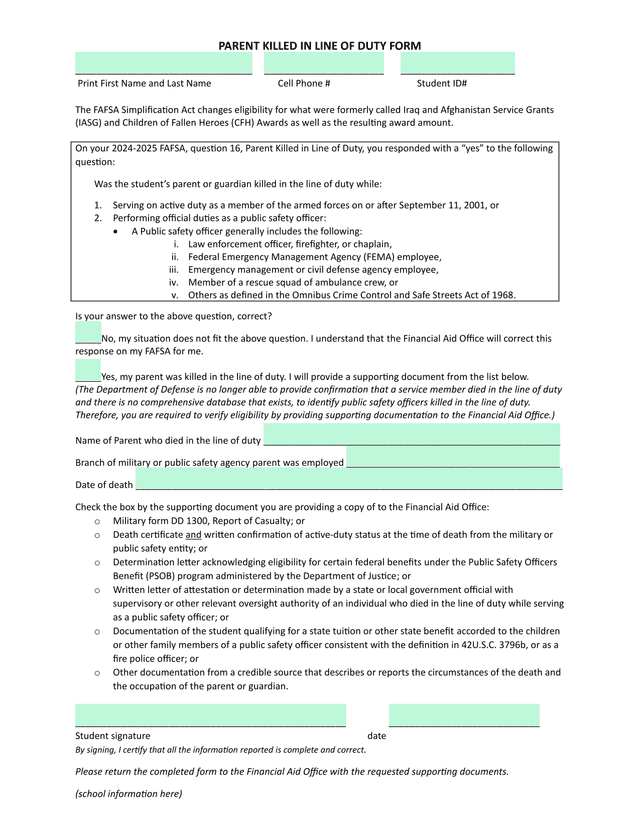Parent Killed In Line Of Duty Form screenshot