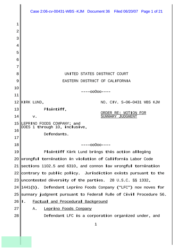 Order Re Motion For Summary Judgment   Kirk Lund V. Leprino Foods Company screenshot