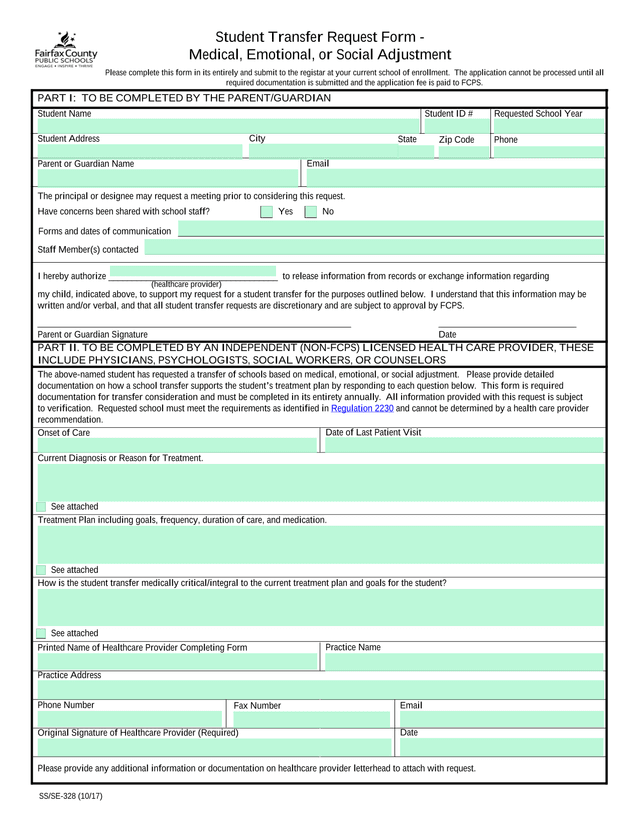 Student Transfer Request Form   Medical, Emotional, Or Social Adjustment screenshot