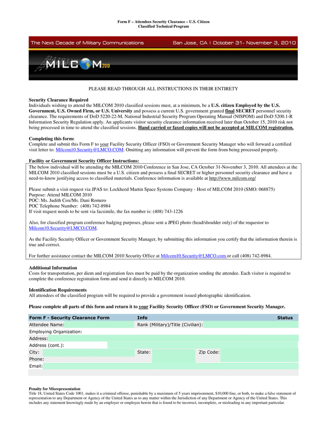 Form F  Attendees Security Clearance  U.S. Citizen screenshot