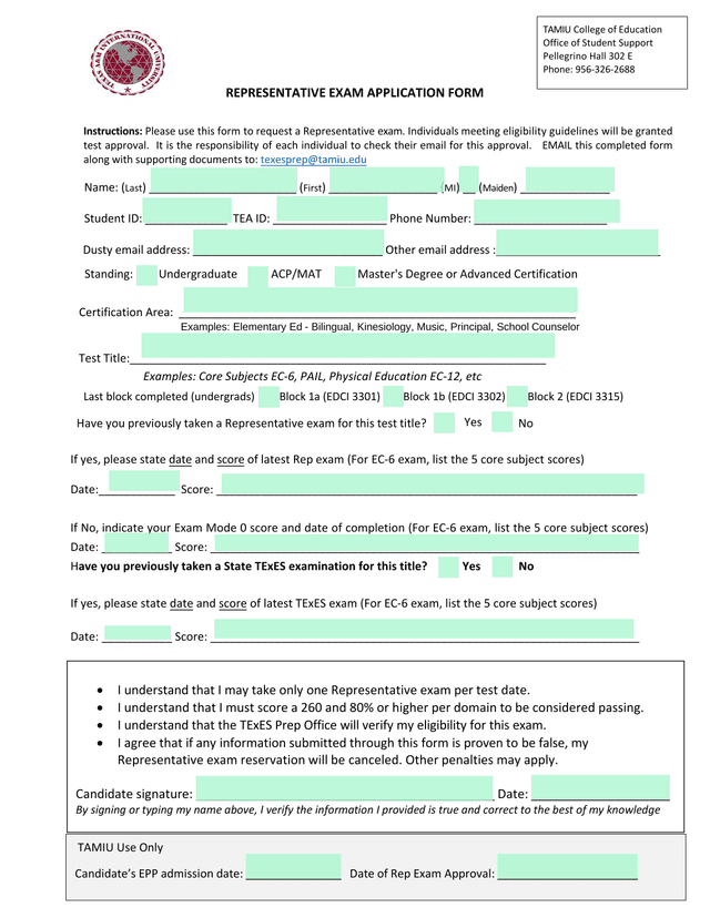 Representative Exam Application Form screenshot