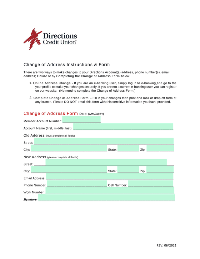 Change Of Address Instructions  Form screenshot
