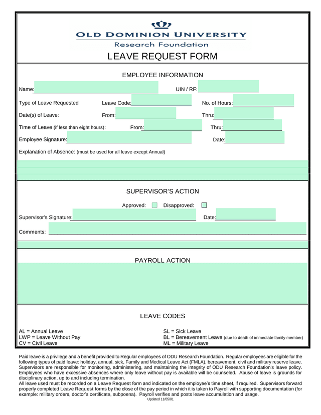 Old Dominion University Research Foundation Leave Request Form screenshot