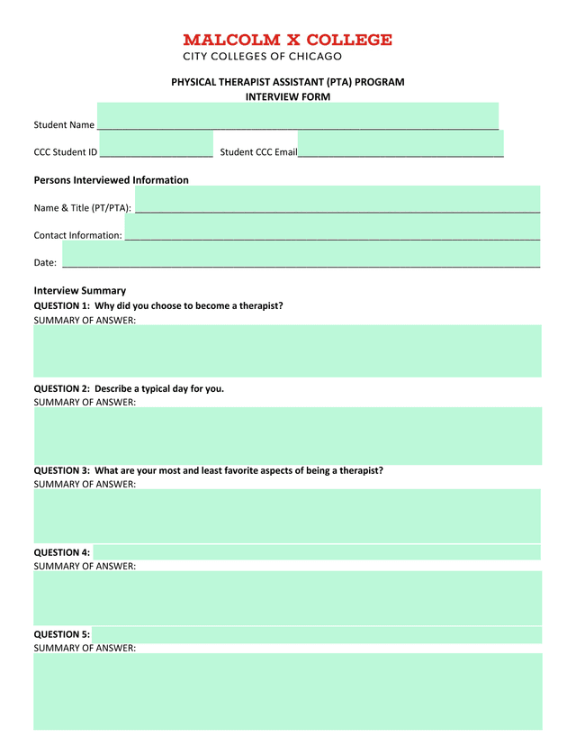 Physical Therapist Assistant (PTA) Program Interview Form screenshot