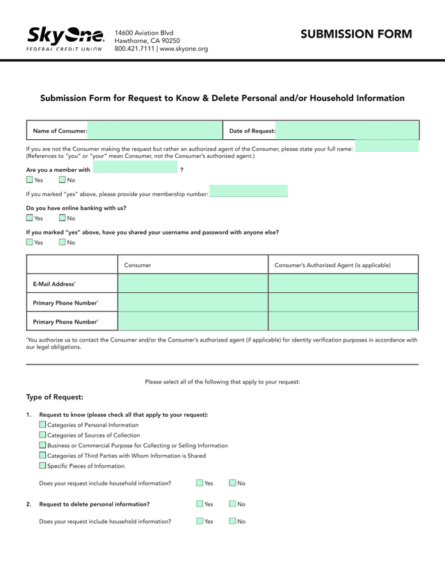 Submission Form For Request To Know  Delete Personal AndOr Household Information screenshot