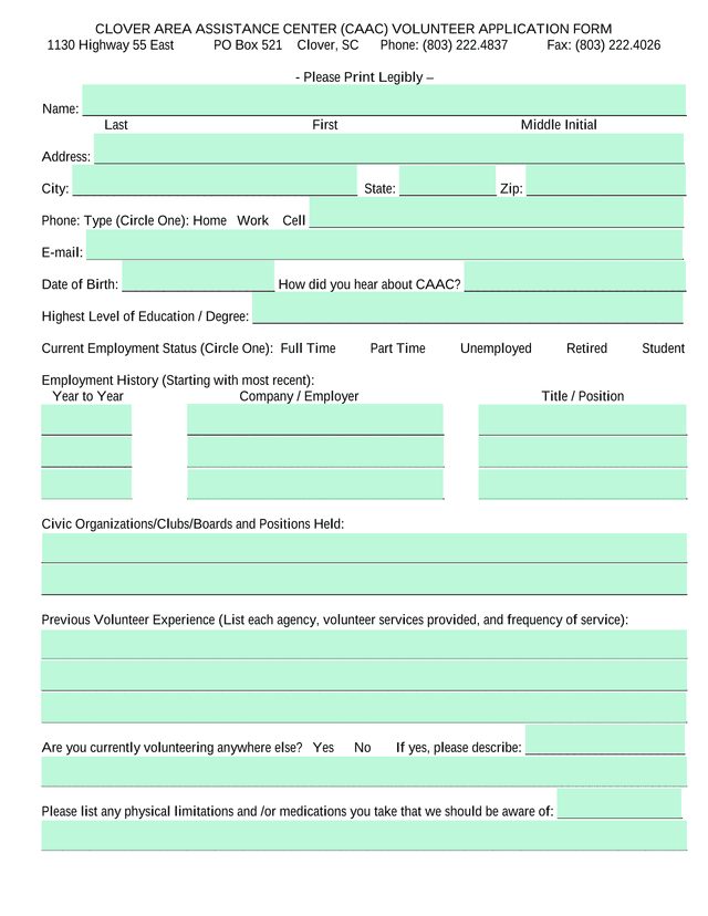 Clover Area Assistance Center (CAAC) Volunteer Application Form screenshot