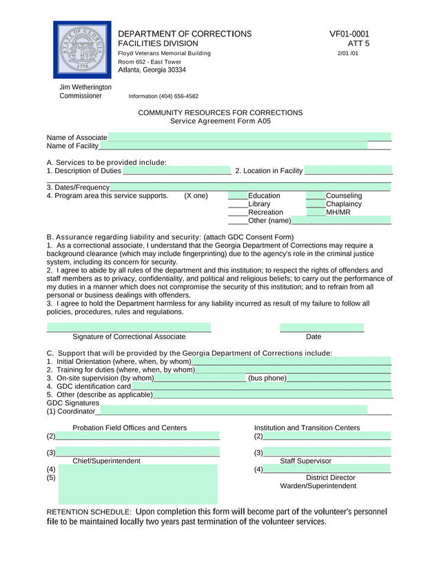 Community Resources For Corrections Service Agreement Form A05 screenshot