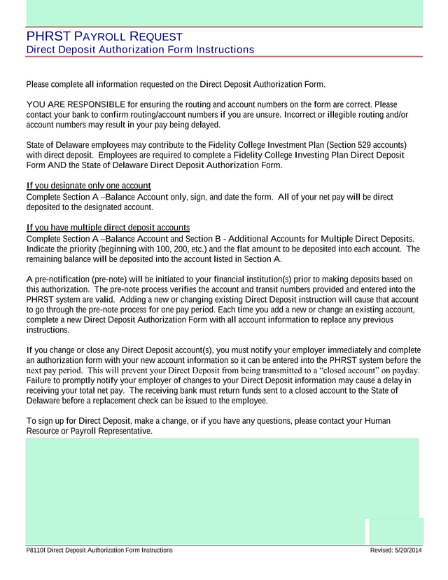 Direct Deposit Authorization Form Instructions screenshot
