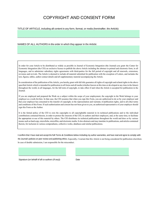 COPYRIGHT AND CONSENT FORM screenshot