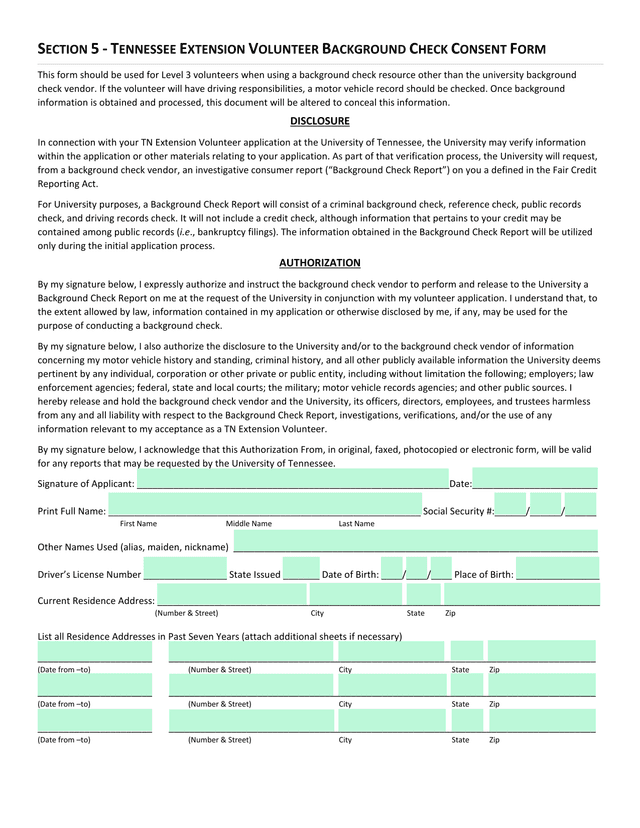 Tennessee Extension Volunteer Background Check Consent Form screenshot