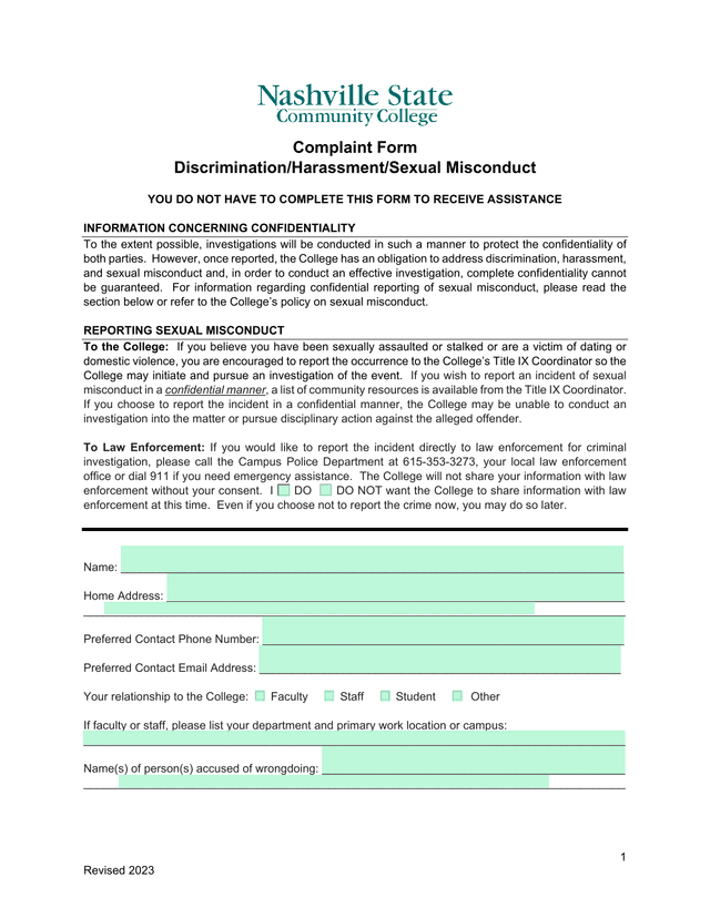 Complaint Form DiscriminationHarassmentSexual Misconduct screenshot