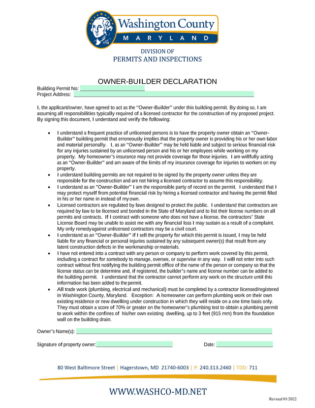 Owner Builder Building Permit Acknowledgment screenshot