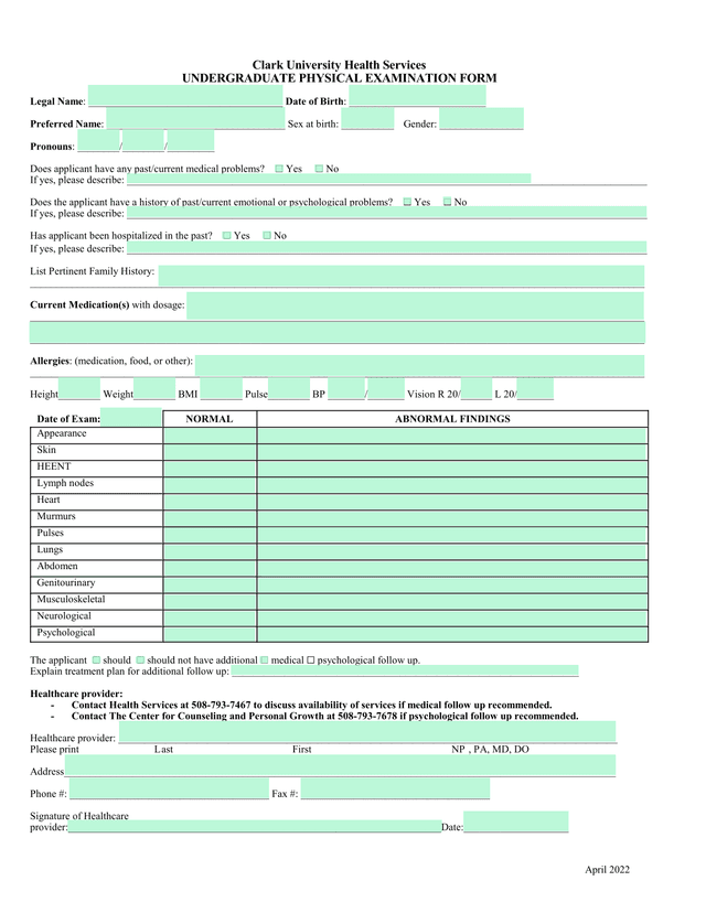 Undergraduate Physical Examination Form screenshot
