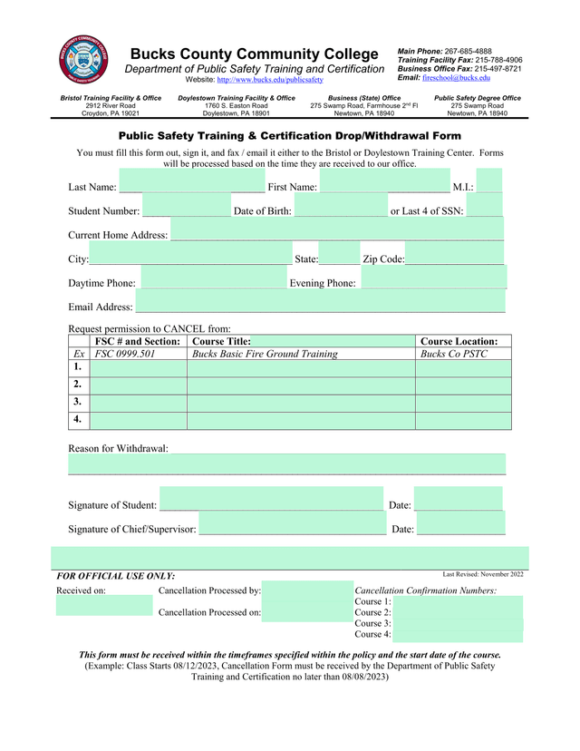 Public Safety Training  Certification DropWithdrawal Form screenshot