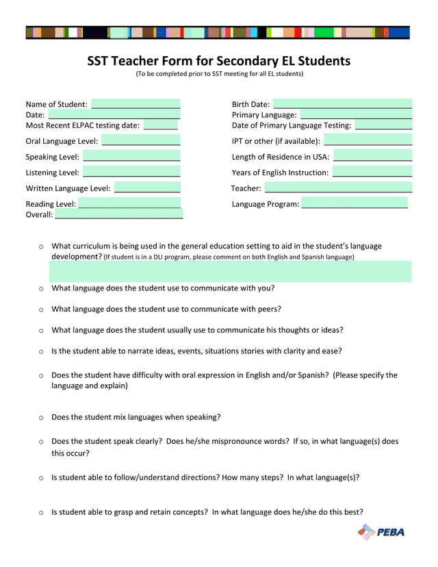 SST Teacher Form For Secondary EL Students screenshot