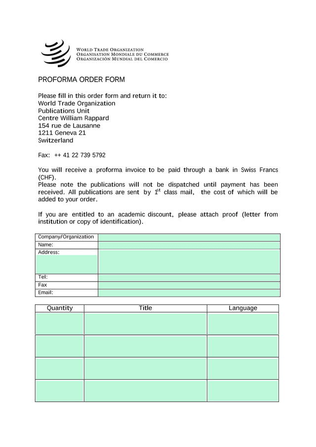 PROFORMA ORDER FORM screenshot
