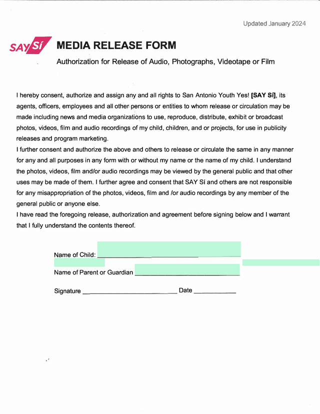 Media Release Form screenshot