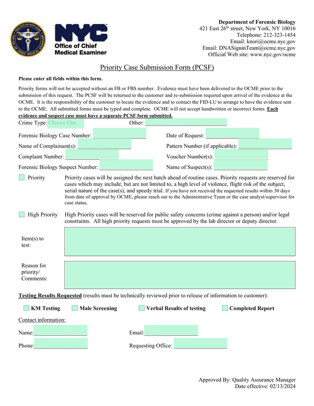 Priority Case Submission Form (PCSF) screenshot
