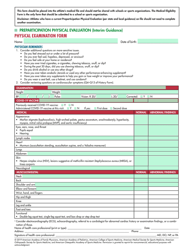 Preparticipation Physical Evaluation (Interim Guidance) Physical Examination Form screenshot