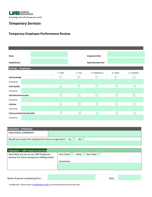 Temporary Employee Performance Review screenshot
