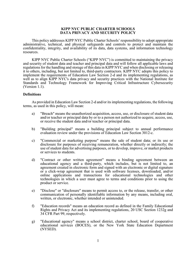 KIPP NYC Public Charter Schools Data Privacy And Security Policy screenshot