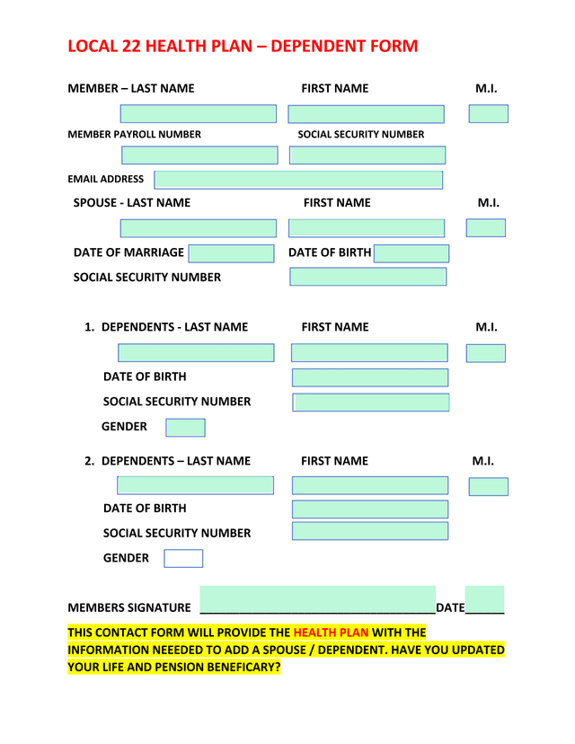 LOCAL 22 HEALTH PLAN  DEPENDENT FORM screenshot