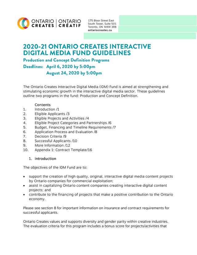 2020 21 ONTARIO CREATES INTERACTIVE DIGITAL MEDIA FUND GUIDELINES screenshot