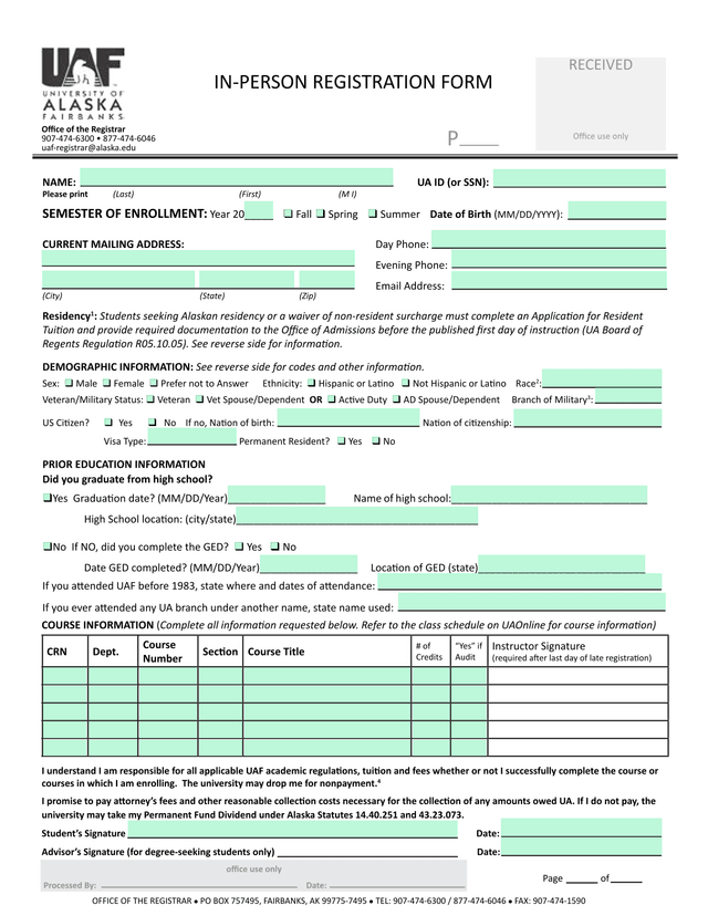 IN PERSON REGISTRATION FORM screenshot