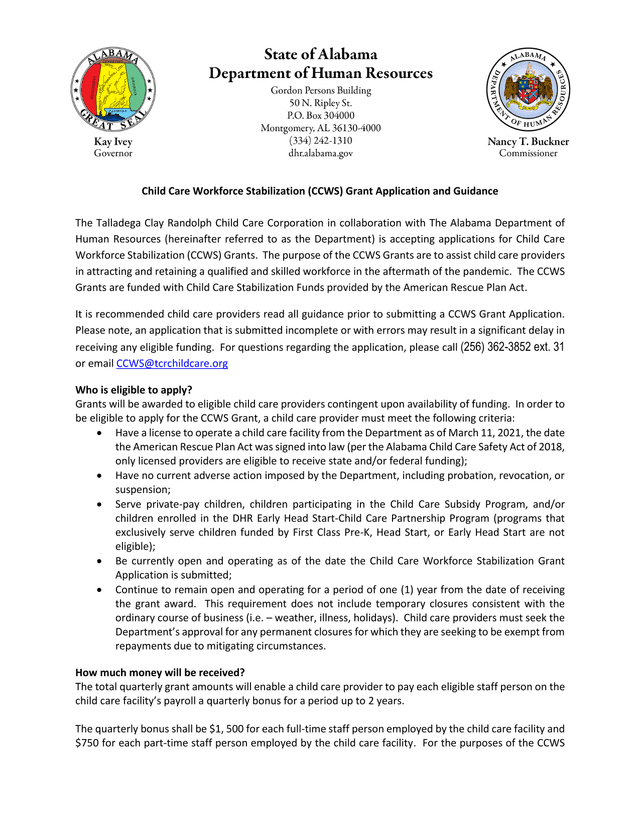 Child Care Workforce Stabilization (CCWS) Grant Application And Guidance screenshot