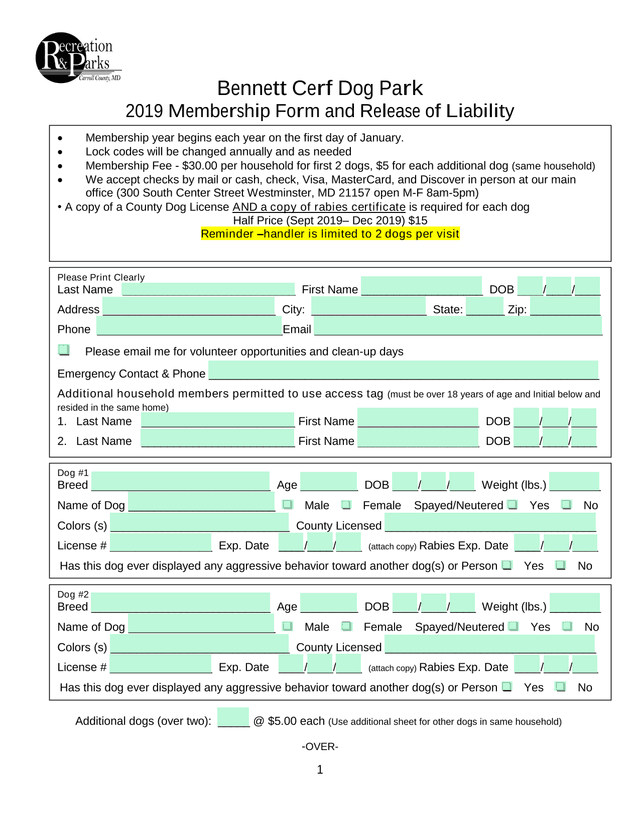 Bennett Cerf Dog Park 2019 Membership Form And Release Of Liability screenshot