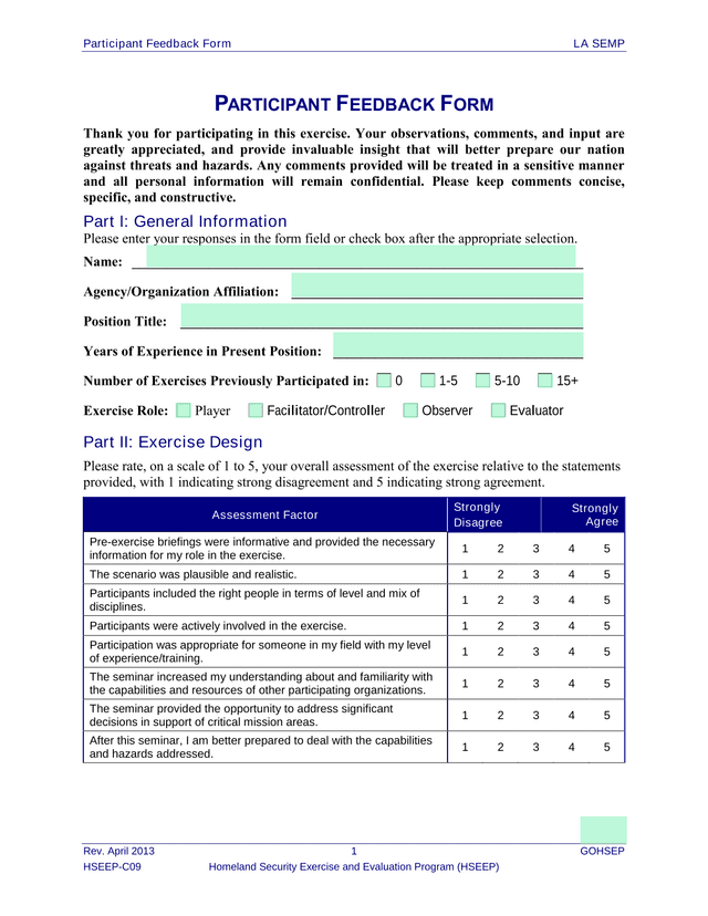 Participant Feedback Form screenshot