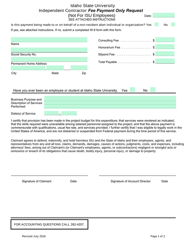 Independent Contractor Fee Payment Only Request screenshot