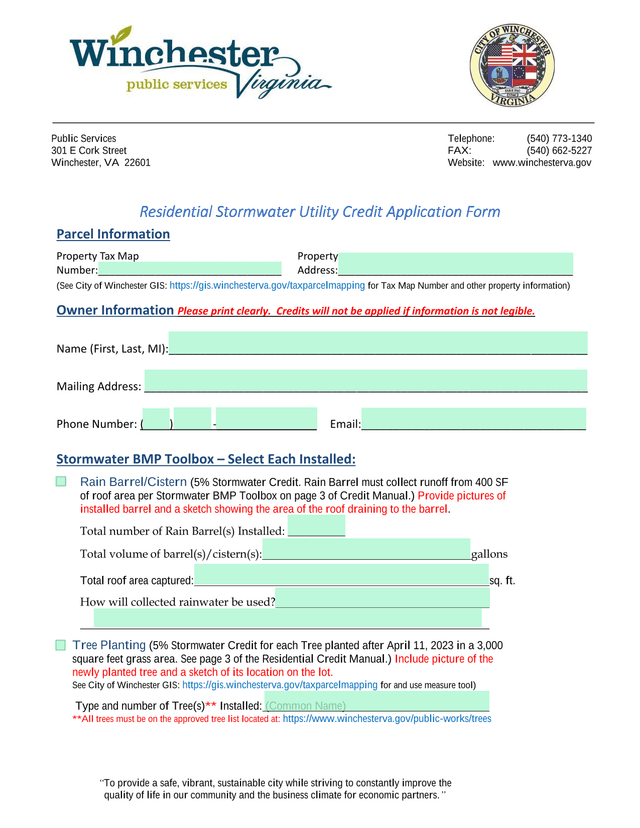 Residential Stormwater Utility Credit Application Form screenshot