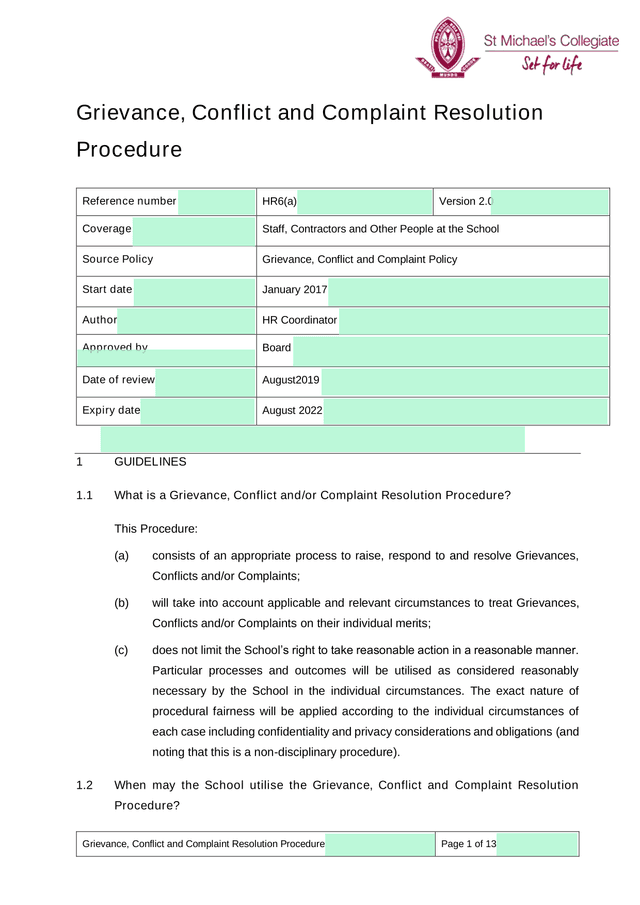 Grievance, Conflict And Complaint Resolution Procedure screenshot