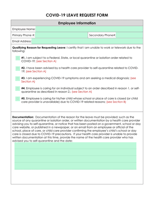 COVID 19 LEAVE REQUEST FORM screenshot