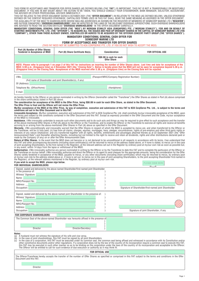 Form Of Acceptance And Transfer For Offer Shares screenshot