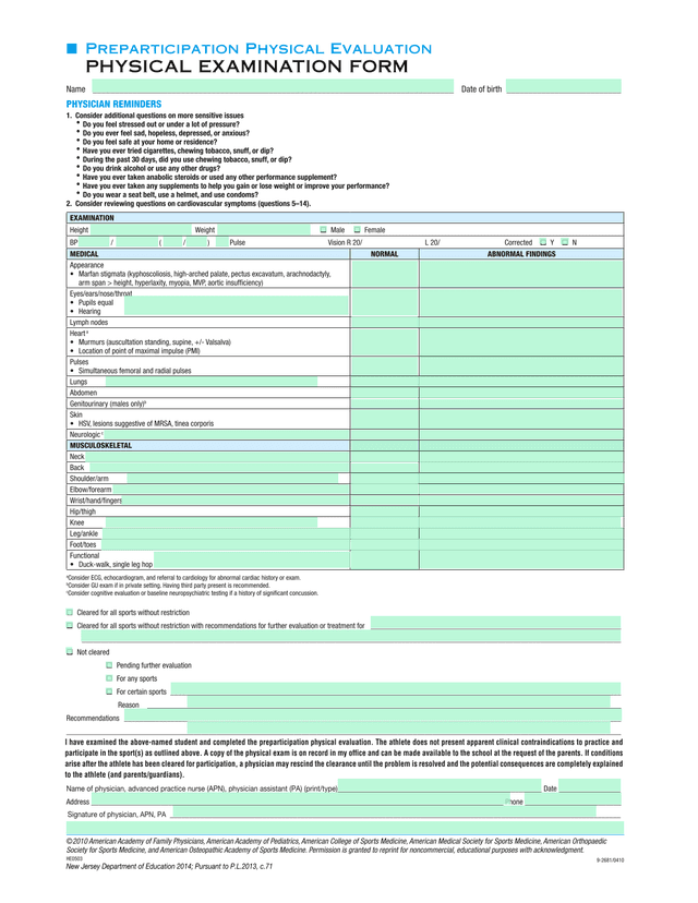 Preparticipation Physical Evaluation PHYSICAL EXAMINATION FORM screenshot