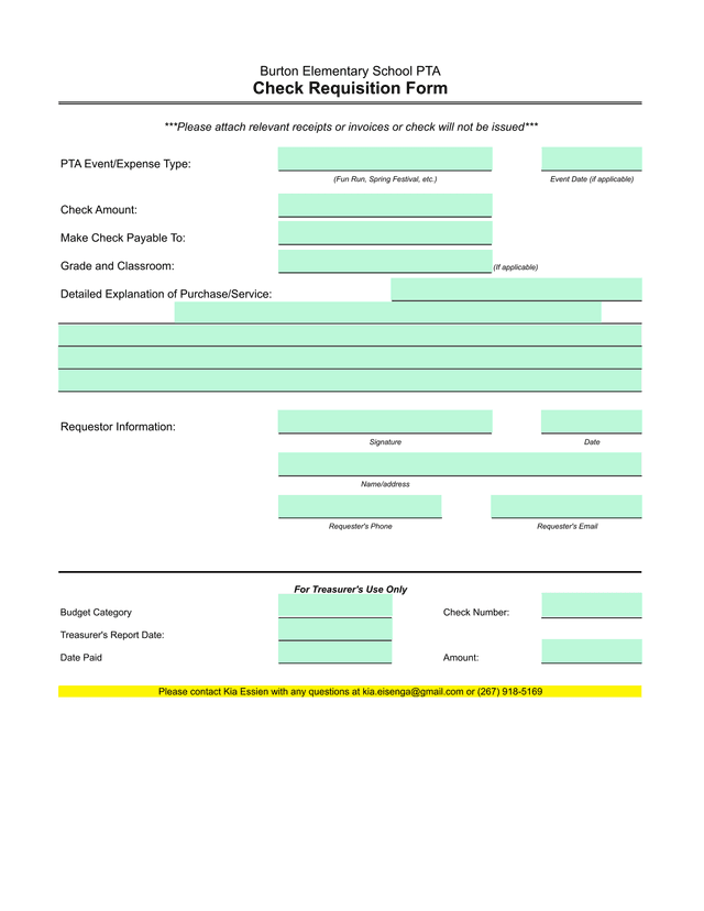 Burton Elementary School PTA Check Requisition Form screenshot