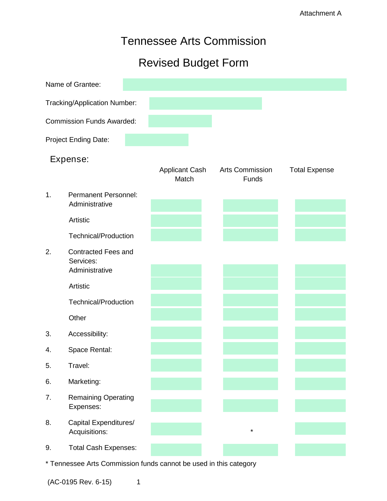Tennessee Arts Commission Revised Budget Form screenshot